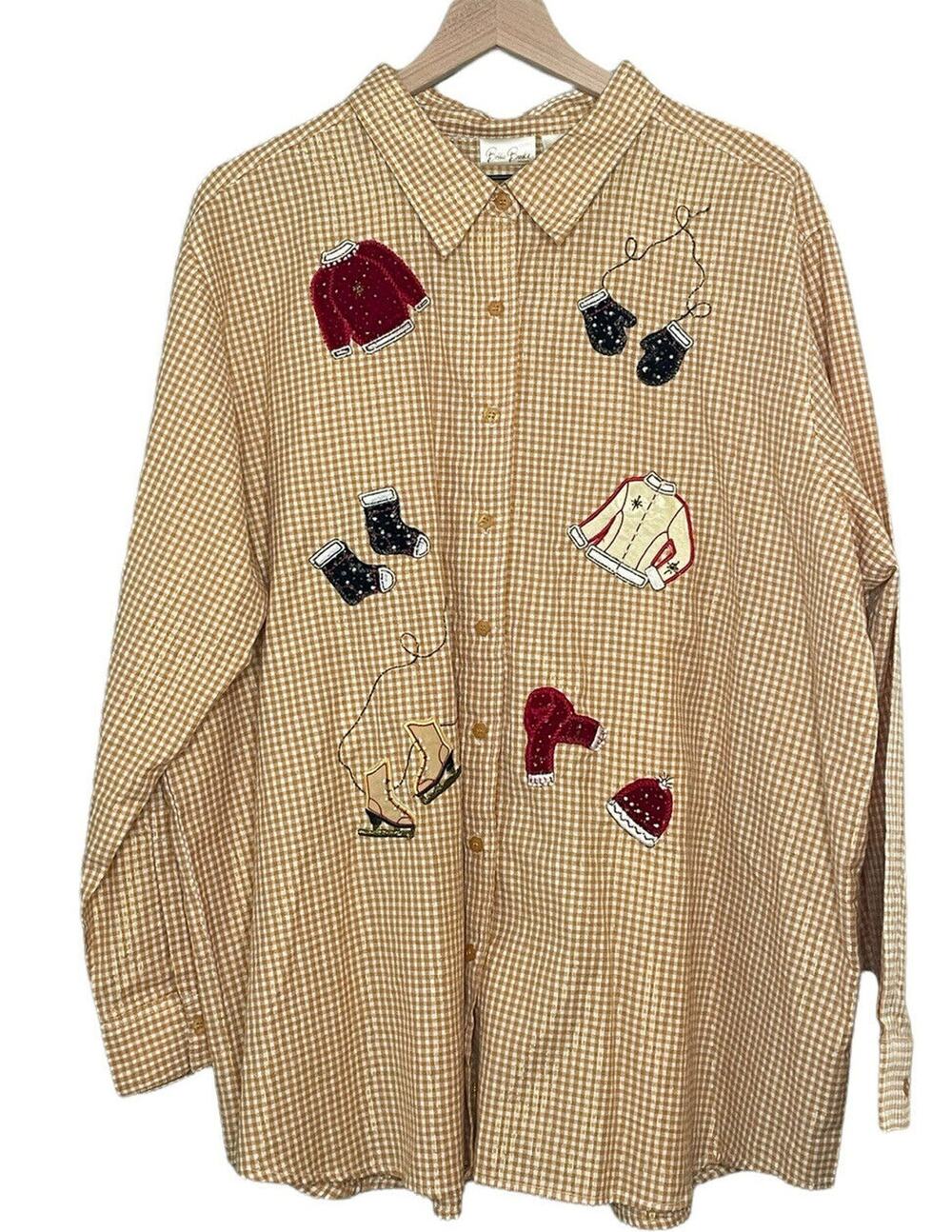 Bobbie Brooks Shirt Women's 22/24W Yellow Gingham Winter Ice Skates LS button Up